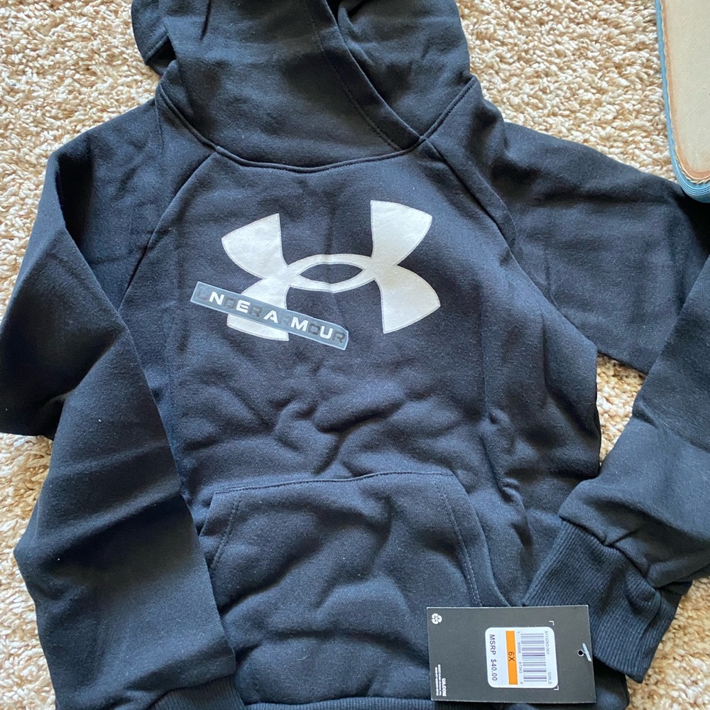 Under Armour Black Pullover Hoodie with White Logo - Kids